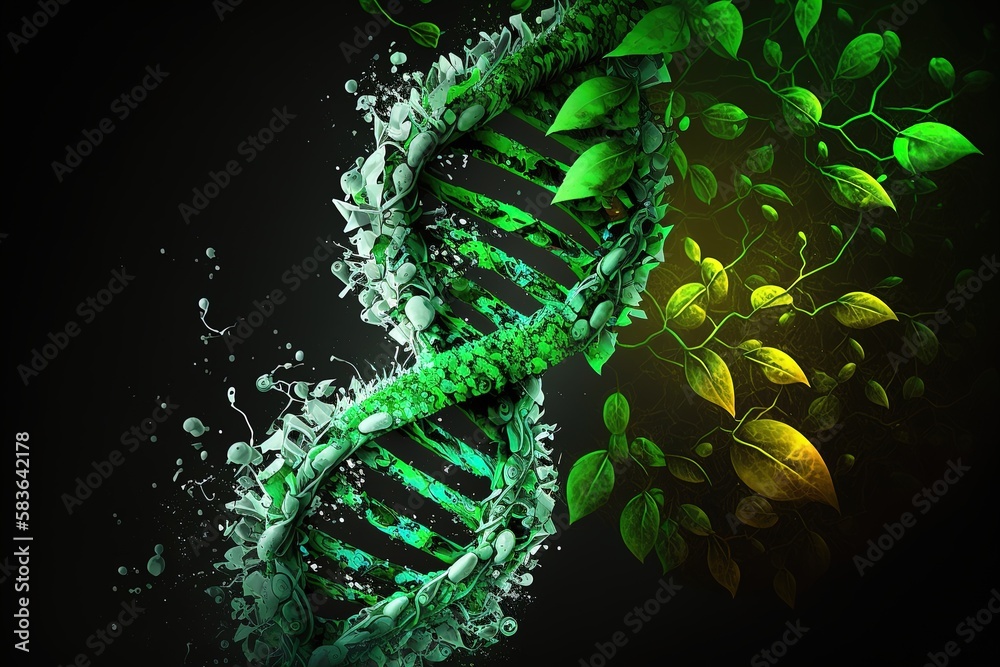 Poster dna helix with leaves on a black background. generated by ai