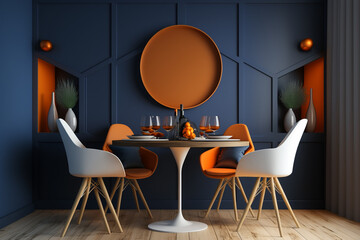 The modern dining room features a wooden round table and chairs in an interior design with dark blue and orange walls. AI