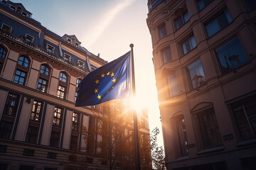 eu flag in front of building created with Generative AI technology - obrazy, fototapety, plakaty