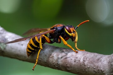 Asian Giant Hornet or Murder Hornet on a branch