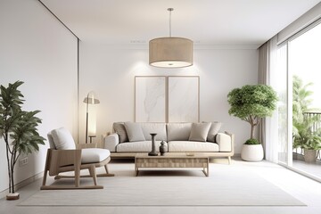 Nice modern living room with balcony interior design with comfy sofa, simple coffee table, elegant lamps, bookcase, and frame mockup on white wall,. Generative AI