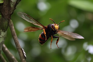 Asian Giant Hornet or Murder Hornet Flying