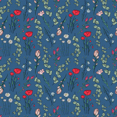 Hand drawn seamless pattern of blooming magnolia, iris, poppy flower, eucalyptus, canterbury bell, daisy. Floral collection on blue background. Decorative illustration for wallpaper, wrapping paper