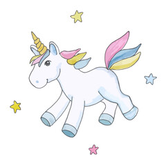 A cute unicorn flies around the stars. Vector illustration.