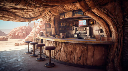 A bar on an alien planet. Interior view. AI generated.