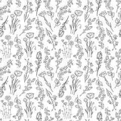 Hand drawn seamless pattern of blooming magnolia, iris, poppy flower, eucalyptus, canterbury bell, daisy. Floral collection on a white background. Decorative illustration for wallpaper, wrapping paper