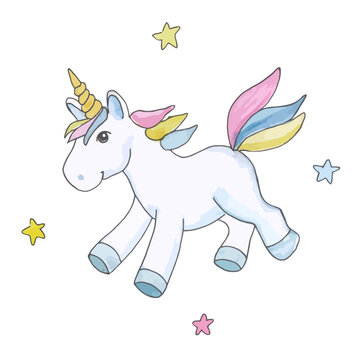 A cute unicorn flies around the stars. Vector illustration. © Diana