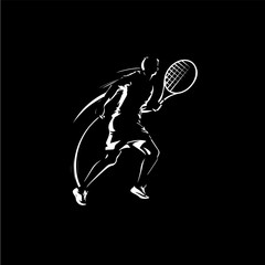 Big tennis player with racket training, white linear silhouette sketch, sport game logo template, hand drawing tattoo on black background. Vector illustration.