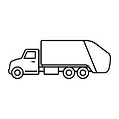 Garbage truck icon. Black contour linear silhouette. Side view. Editable strokes. Vector simple flat graphic illustration. Isolated object on a white background. Isolate.