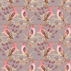 Seamless pattern with birds in pastel colors with a pink tint. Watercolor.