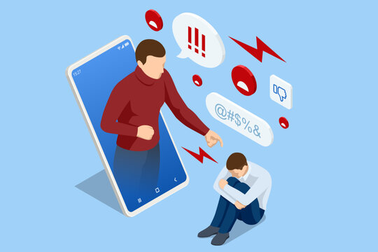 Isometric Cyberbullying or Bad Influence on the Internet. Cyberbullying Victim. Young man Crying in Front of Laptop Screen Due to Haters Messages.