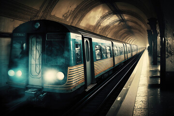 train in New York in the subway tunnel. Generated by AI