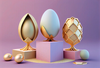 Easter eggs decorated with gold textures on podiums. Beige background. Generative ai