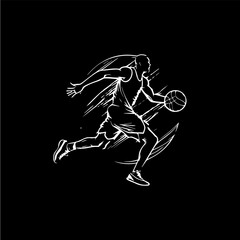 Obraz na płótnie Canvas Basketball player white emblem, running with ball, action player icon, hand drawing tattoo sketch silhouette on black background. Vector illustration.