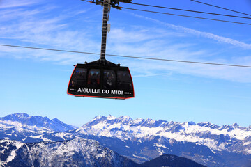 The cable car to the summit of Aiguille du Midi in the Mont Blanc massif. French Alps, Europe.
