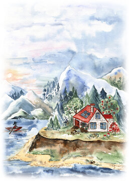Mountain landscape watercolor painting. Cozy house with a red roof, located by the sea shore, lost in the mountains and forest. Beautiful European landscape for posters, art prints, greeting cards