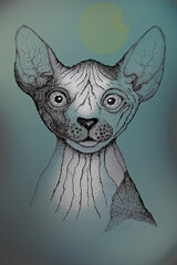illustration of a graceful Sphynx cat with big ears and beautiful skin.