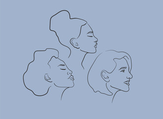 Face profile of a girl in line-art style on a blue background. Woman faces outline. Makeup artist face template