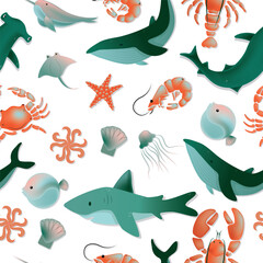 Fototapeta premium Seamless pattern Fish and wild marine animals on white background. Inhabitants of the sea world, cute, funny underwater creatures shark, ocean crabs, sea turtle, shrimp. Flat modern illustration