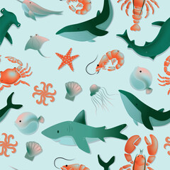 Seamless pattern Fish and wild marine animals on white background. Inhabitants of the sea world, cute, funny underwater creatures shark, ocean crabs, sea turtle, shrimp. Flat modern illustration