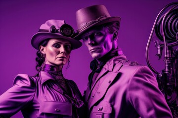Portrait of a Beautiful Punk Couple With Purple background. Fictional person created with Generative AI