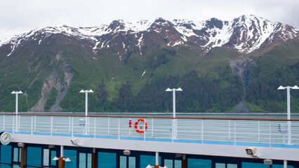 lifebuoy at travel cruise ship in alaska. lifebuoy at travel cruise with landscape.