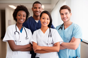 A cheerful group of medical professionals in a hospital setting. generative ai