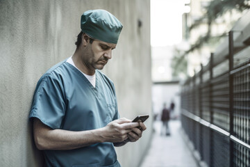 Doctor taking a break in the hospital corridor while using their phone. generative ai