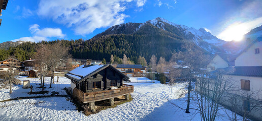 Argentiere, a picturesque skiing, alpine walking and mountaineering village in the French Alps. Europe.