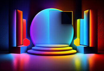 3d style, abstract pink blue and spectrum neon background with glowing arch and stone ruins, performance stage, showcase for product presentation. Generative AI.