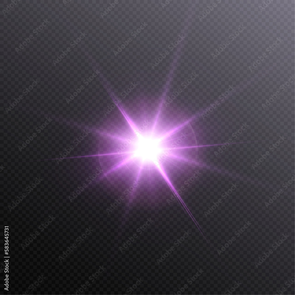 Poster bright sun shines with warm rays, vector illustration glow gold star on a transparent background. fl