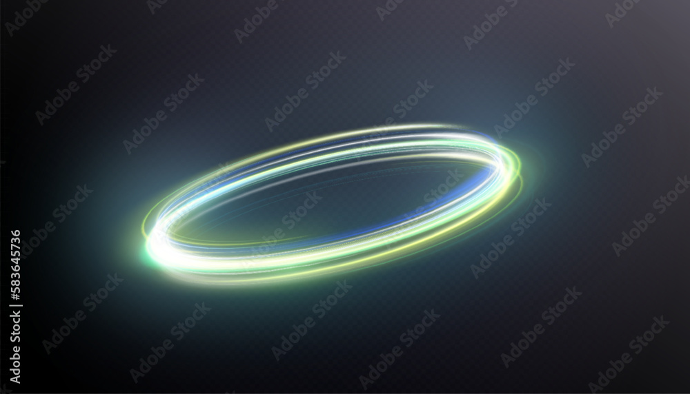 Poster abstract neon rings. a bright trail of luminous rays swirling in a fast spiral motion. light golden 