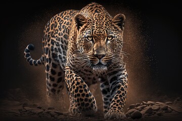 Full body big leopard on dark background. Ai - obrazy, fototapety, plakaty
