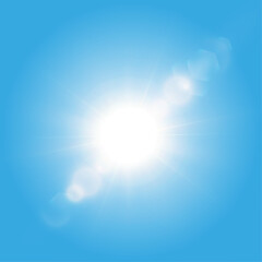 The bright sun shines with cold rays, vector illustration Glowing white star on a sky background. Flash of light, sun, twinkle. Vector for web design and illustrations.	