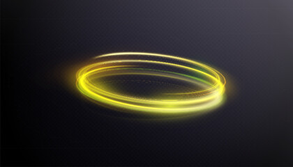 Abstract neon rings. A bright trail of luminous rays swirling in a fast spiral motion. Light golden swirl. Curve golden line light effect.