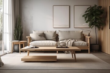 Nice Scandinavian living area with comfy couch, coffee table, laptop mockup in minimum working space, minimal wood furniture and home décor. Generative AI