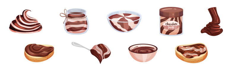 Chocolate Sweet Paste for Spreading on Bread and Toast Vector Set