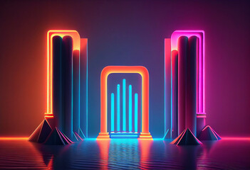 3d style, retrowave neon tube abstract pink blue orange neon background with glowing arch. Performance stage, showcase. Podium for product presentation. Generative AI.