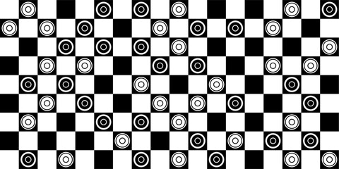 A chessboard in a vector isolated on a white background. Black and white round chips. Board game Checkers. A chessboard and checkers on it. Seamless checkers background