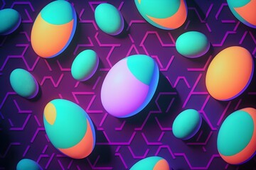 Colorful neon glowing eggs pattern, easter background, AI generated