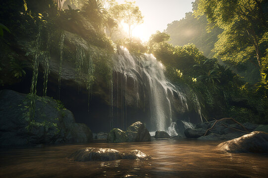 Waterfall at sunset in rainforest. AI generated image