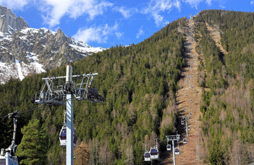 Gondola lift to Plan Praz at 2,000 m. Haute-Savoie, French Alps, Europe.