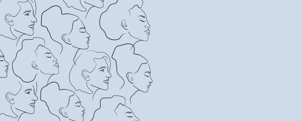Face profile of a girl in line-art style on a blue background. Woman faces outline. Makeup artist face template. Vector illustration