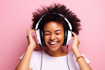 Beautiful black woman with afro hair and headphones laughing and listening to music looking at the camera on pink background, Generative AI