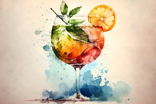 Colorful cocktail in watercolor painting style, AI generated