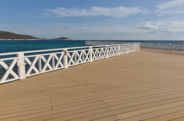 Fototapeta na wymiar scenic view from the pier on Çark Plajı Beach in Alacati (Cesme, Izmir province, Turkey)