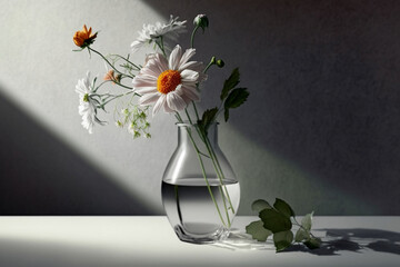 Flowers in glass vase on white tablecloth with wall shadow, spring season, Generative AI