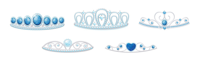 Blue Tiara or Diadem as Jeweled Ornamental Crown Vector Set