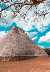 Pyramid of the Magician in vertical format, Uxmal, Yucatan Peninsula, Mexico.
