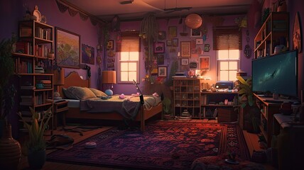 Obraz na płótnie Canvas Lo-fi cozy ambient room. Anime style. Generative AI